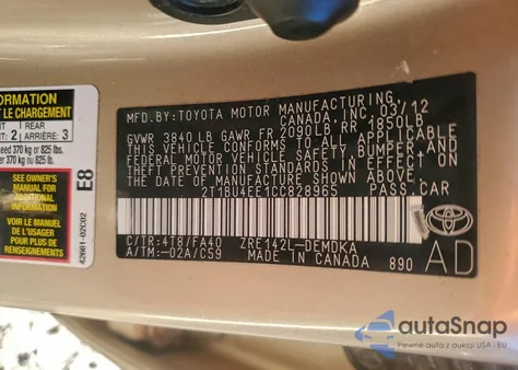 2012 Toyota Corolla Base from USA, damaged, VIN 2T1BU4EE1CC828965